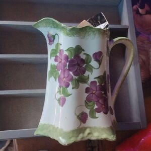 Floral Ceramic Hand painted Pitcher with Purple Flowers